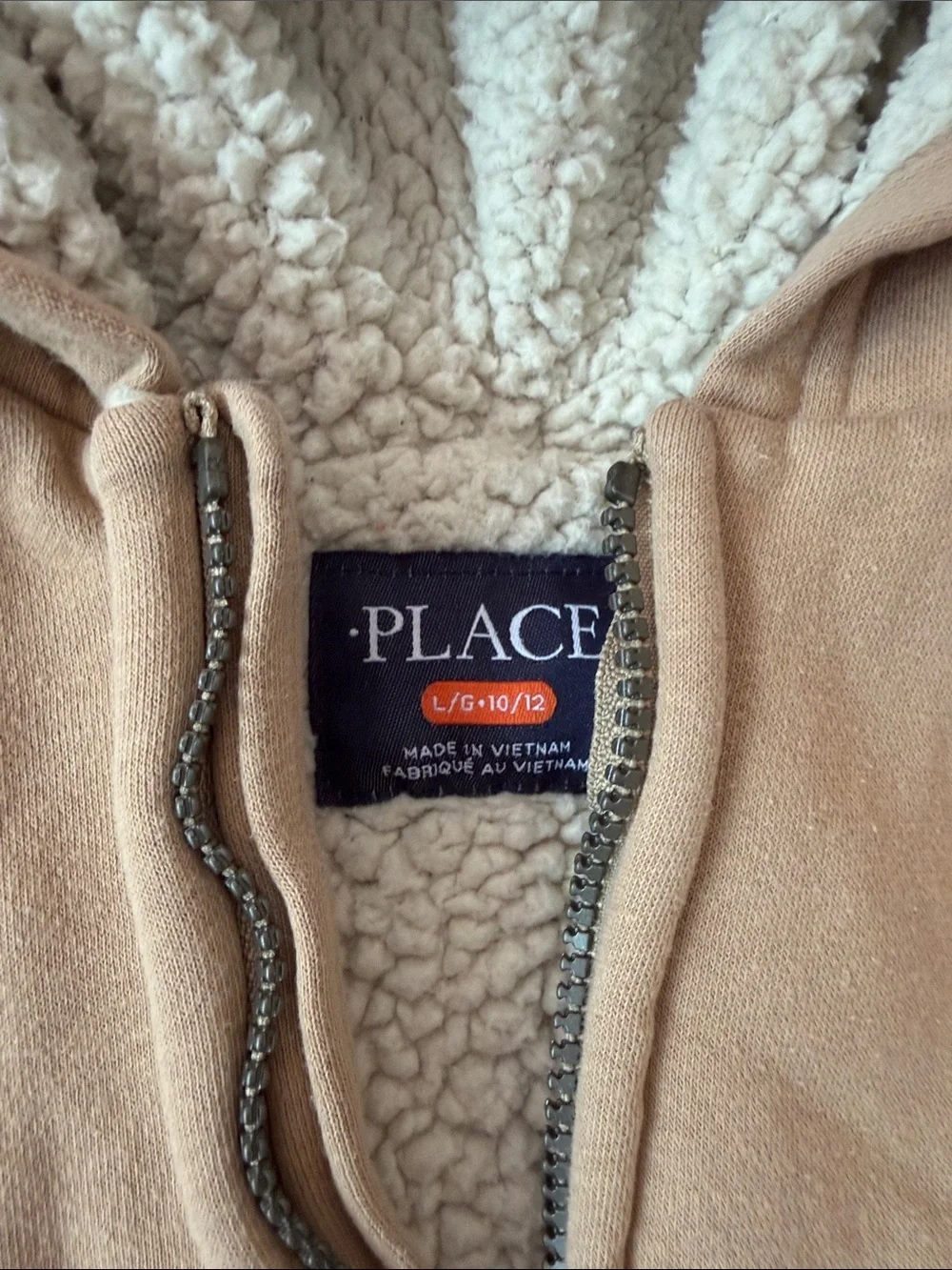 The Children's Place Sherpa-Lined Zip Hoodie in Tan & Cream size large 10/12